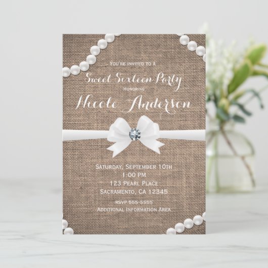 Burlap & Pearlsグラマー素朴スウィート16パーティー 招待状 (スタンド正面)