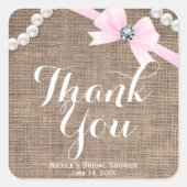 Burlap & Pearlsピンクボウグラマパーティーの好意 スクエアシール (正面)