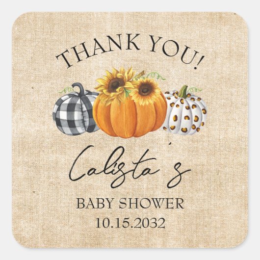 Burlap Pumpkin & Sunflower Baby Showerありがとう スクエアシール (正面)