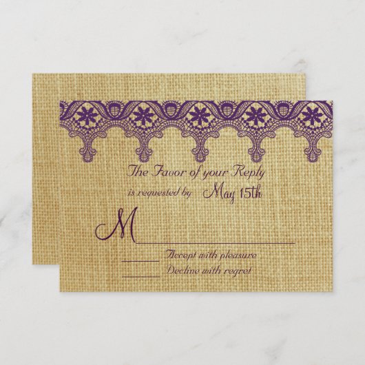 Burlap Purple Damask Laceの結婚の出欠のカード 出欠カード (正面/裏面)