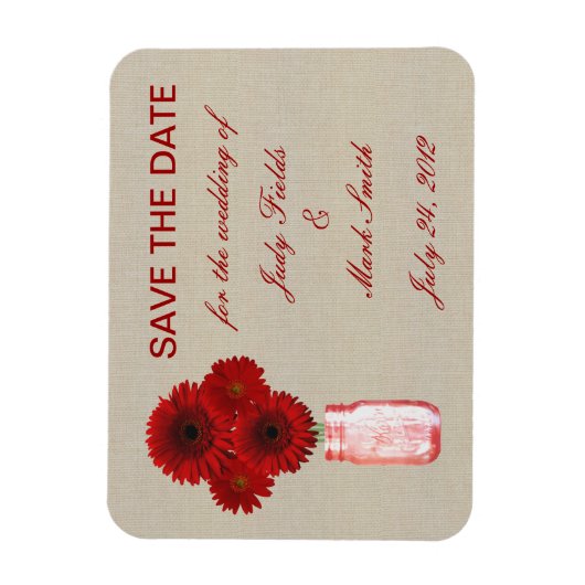 Burlap Red Mason Jar素朴日付マグネットを保存 マグネット (縦)