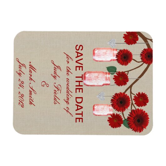 Burlap Red Mason Jars Save The Date Magnet マグネット (横)