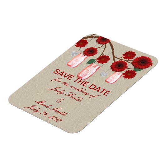 Burlap Red Mason Jars Save The Date Magnet マグネット (左側)