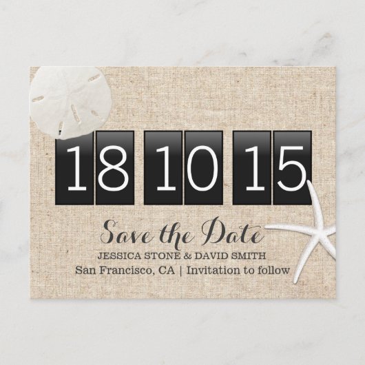 Burlap Sand Dollar & 素朴 Starfish日付を保存 案内ポストカード (正面)