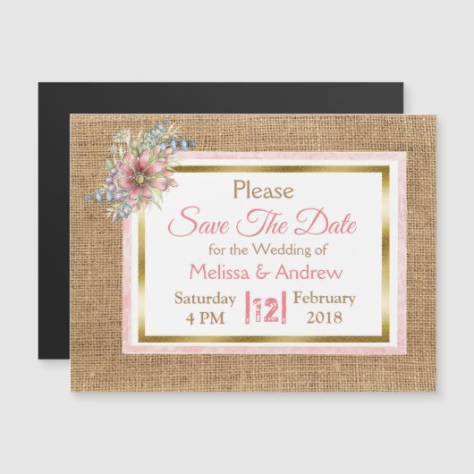 Burlap ShabbyフローラSave the Date 結婚's Magnet マグネット招待状 (正面/裏面)