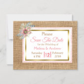 Burlap ShabbyフローラSave the Date 結婚's Magnet マグネット招待状 (正面)