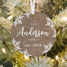 Burlap Snowflakesカスタムファミリ名スクリプトクリスマス メタルオーナメント