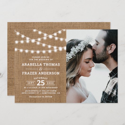 Burlap String素朴 Lights写真結婚の 招待状 (正面/裏面)