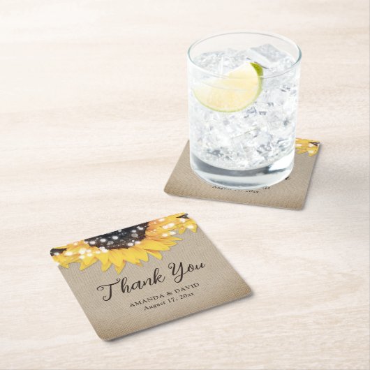 Burlap Sunflower素朴の結婚お願い スクエアペーパーコースター (インサイチュ)