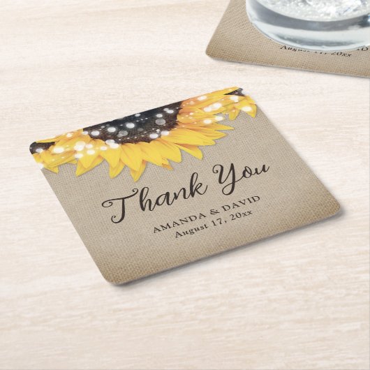 Burlap Sunflower素朴の結婚お願い スクエアペーパーコースター (アングル)