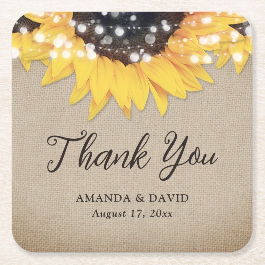 Burlap Sunflower素朴の結婚お願い スクエアペーパーコースター (正面)