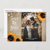 Burlap Sunflower Photo Save The Date 案内ポストカード (正面/裏面)