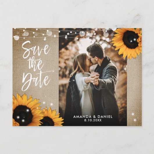 Burlap Sunflower Photo Save The Date 案内ポストカード (正面)