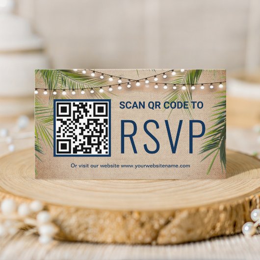 Burlap Tropical Palm QRコードRSVP 結婚's エンクロージャーカード