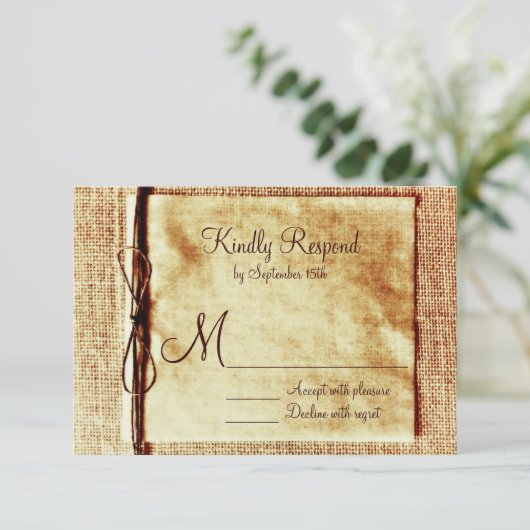 Burlap TwineウェディングRSVP素朴カー動揺してド 出欠カード (スタンド正面)