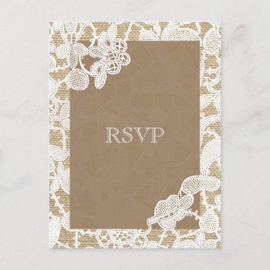 Burlap & Whiteフローラレース素朴ウェディングRSVP インビテーションポストカード (正面)