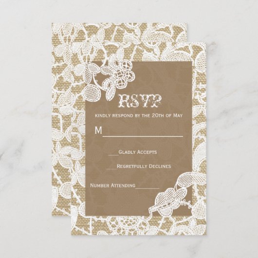 Burlap & Whiteフローラレース素朴ウェディングRSVP 出欠カード (正面/裏面)