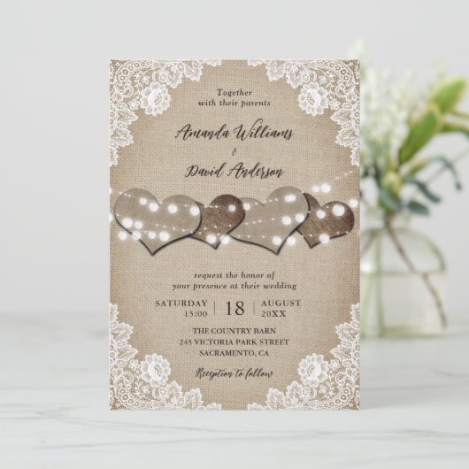 Burlap White Floral Lace String Lights Wedding 招待状 (スタンド正面)