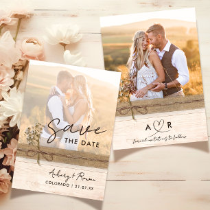 Burlap Wood Flower Boho Photo Save the Date 招待状