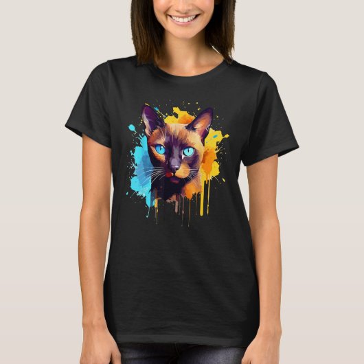 Burmese Cat Face Colorful Splash Art Tシャツ (正面)