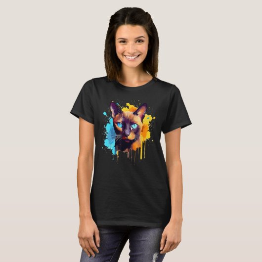 Burmese Cat Face Colorful Splash Art Tシャツ (正面フル)