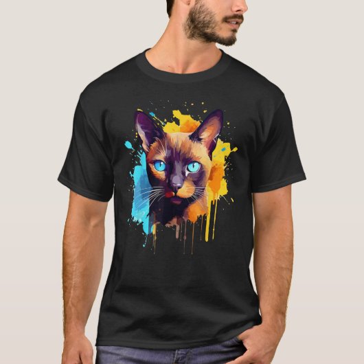 Burmese Cat Face Colorful Splash Art Tシャツ (正面)