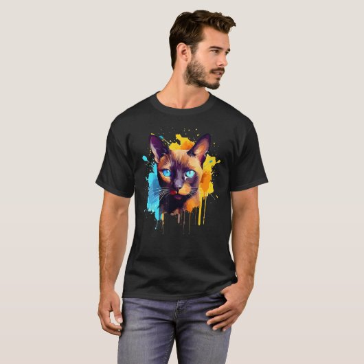 Burmese Cat Face Colorful Splash Art Tシャツ (正面フル)