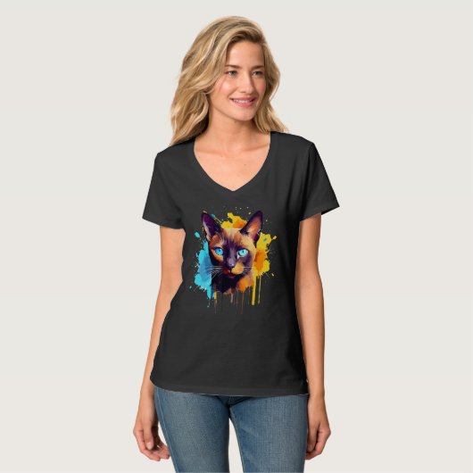Burmese Cat Face Colorful Splash Art Tシャツ (正面フル)