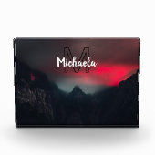 Burning clouds, fog and mountains monogram in sky フォトブロック (正面)