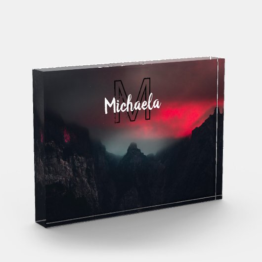 Burning clouds, fog and mountains monogram in sky フォトブロック (左)