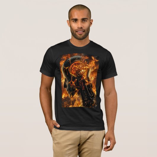 Burning Cyborg Head Fiery Phoenix Graphic Tシャツ (正面フル)