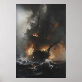 Burning Pirate Ship in Stormy Ocean Gothic Nautica ポスター