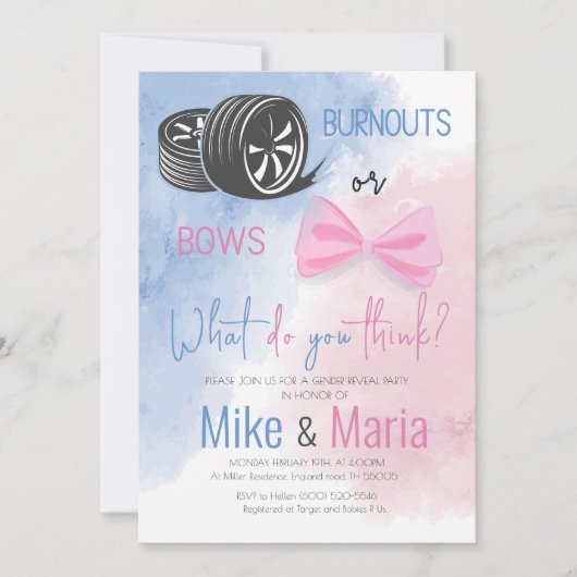 BurnoutsまたはBowsジェンダーがパーティの招待状を明らかにする 招待状 (正面)