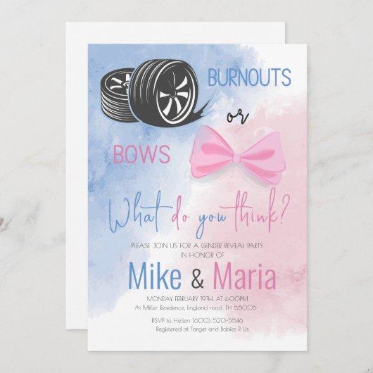 BurnoutsまたはBowsジェンダーがパーティの招待状を明らかにする 招待状 (正面/裏面)