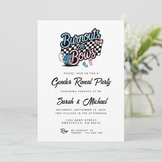 BurnoutsまたはBowsジェンダーの表示パーティの招待状 招待状 (スタンド正面)