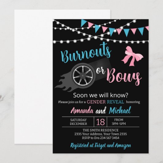 Burnouts or bows Gender Reveal Party 招待状 (正面/裏面)