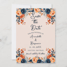 Burnt OrangeとNavyのフローラ保存日 招待状
