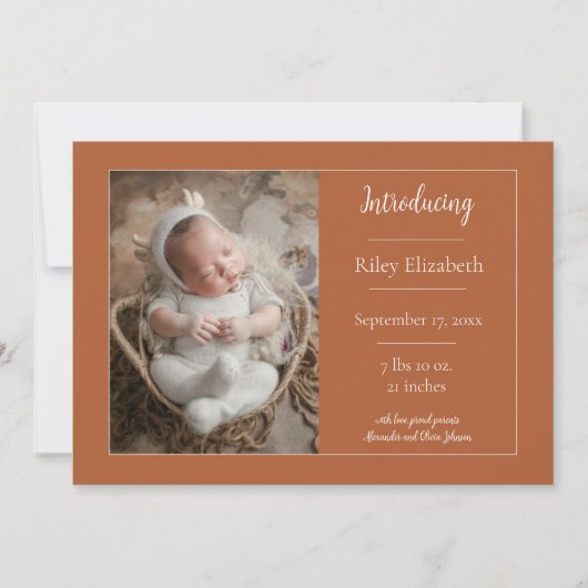 Burnt Orangeの写真シンプルの誕生発表 案内状 (正面)