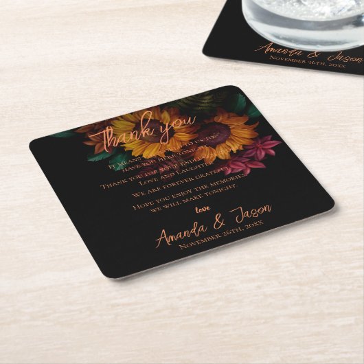 Burnt Orangeフローラ結婚の感謝メッセージ スクエアペーパーコースター (アングル)