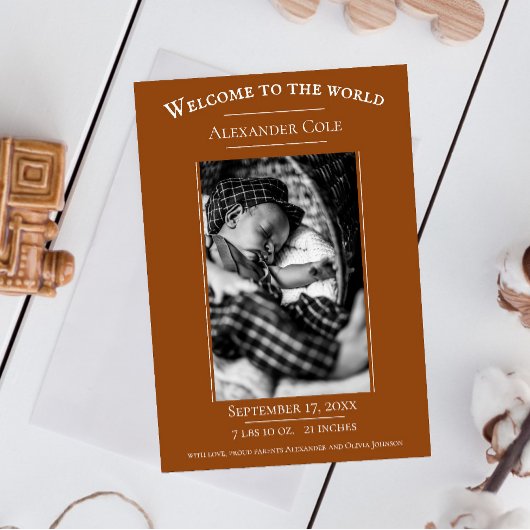 Burnt Orangeミニマル写真誕生のお知らせ 案内状