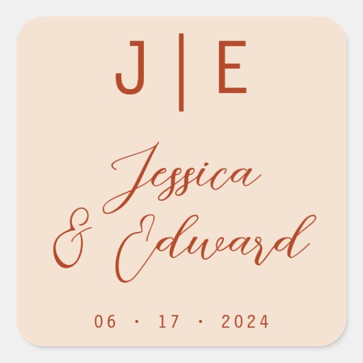 Burnt Orangeモノグラムエレガントスクリプトカップル名 スクエアシール (正面)