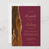 Burnt Orange Agate Burgundy Gold QR Code Wedding 招待状 (正面)