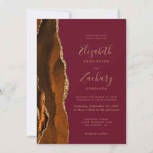 Burnt Orange Agate Burgundy Gold QR Code Wedding 招待状 (正面)