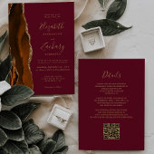 Burnt Orange Agate Burgundy Gold QR Code Wedding 招待状