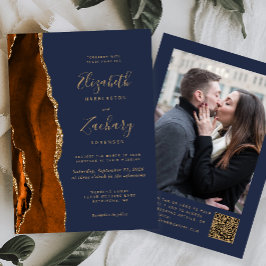 Burnt Orange Agate Navy Photo QR Code Wedding 招待状