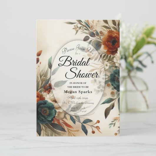 Burnt Orange and Blue Fall Flowers Bridal Shower 招待状 (スタンド正面)