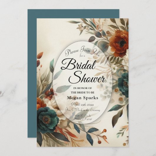 Burnt Orange and Blue Fall Flowers Bridal Shower 招待状 (正面/裏面)