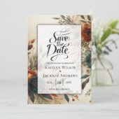 Burnt Orange and Blue Fall Flowers Wedding セーブザデート (スタンド正面)