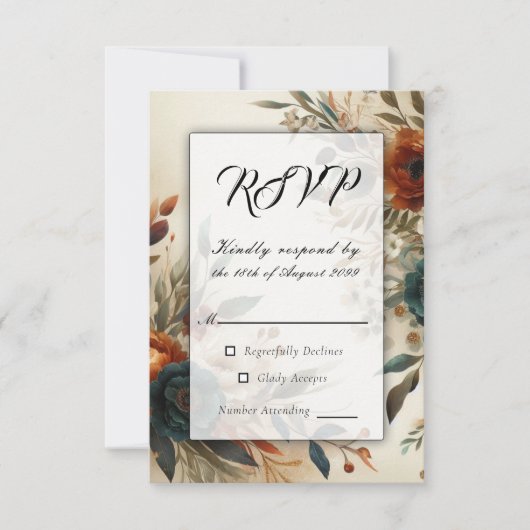 Burnt Orange and Blue Fall Flowers Wedding 出欠カード (正面)