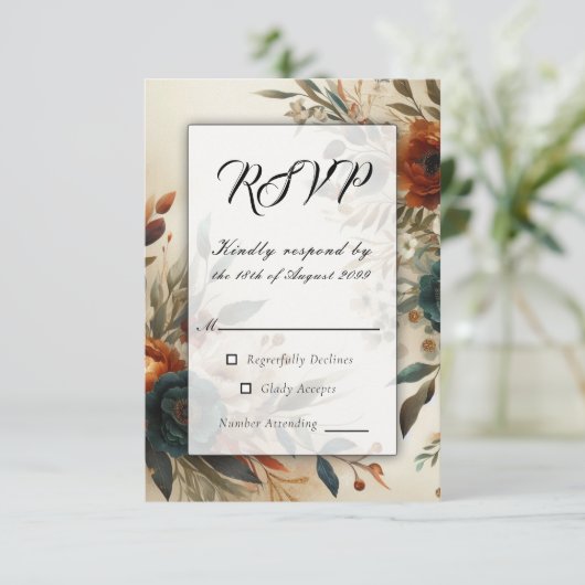 Burnt Orange and Blue Fall Flowers Wedding 出欠カード (スタンド正面)